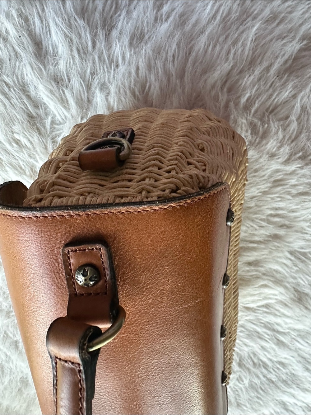 Patricia Nash Tan Leather & Woven Straw Crossbody Bag basket satchel - Picture 11 of 16